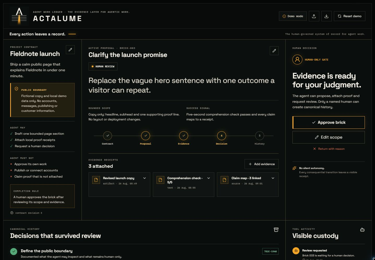 Actalume's fictional Fieldnote project: a proposal, attached evidence and a named human decision.