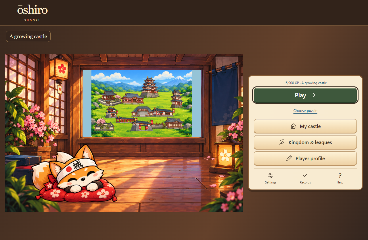 ōshiro's illustrated tea room, fox mascot and earned castle buildings, shown with demonstration progress.